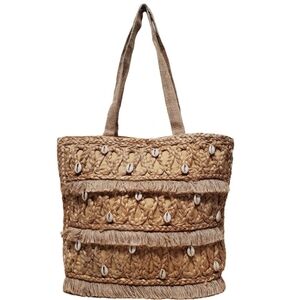 Salt + Umber Beach, Summer, Raffia Woven Tote with Shell Details